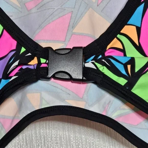 Rolita Couture Bold Colorful Neon Stained Glass Print Festival Buckle Crop Top - Picture 5 of 14